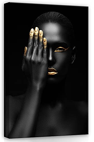 WallArena Leinwand Bilder - Frau Schwarz Gold Goldene Lippen - 120x80 cm | Leinwandbilder, Bild auf leinwand, Wandbild XXL groß Wandbilder für Wohnzimmer Schlafzimmer Wohnzimmerbilder