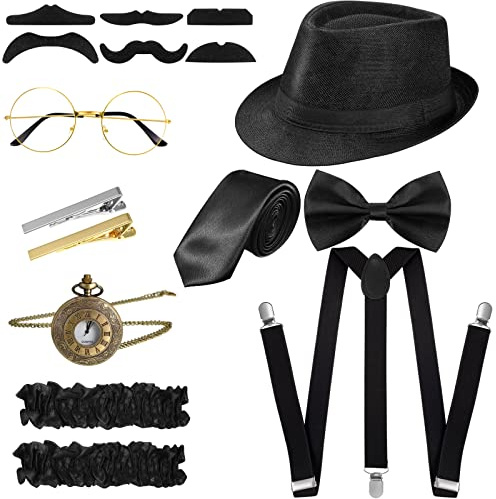 Blulu 1920er Herren Kostüm Zubehör Set Roaring Retro Gangster Kostüm, Hut, Fliege, Krawatte, Taschenuhr, Hosenträger, Brille, Bart, Ärmelhalter, Krawattenklammern (Einfach Stil, Schwarz)