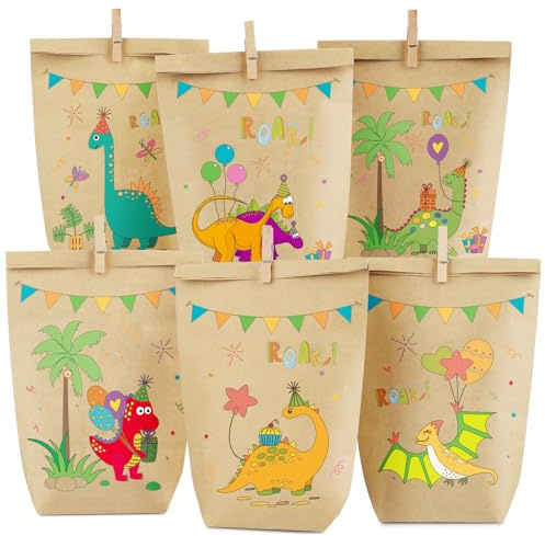 Dino Geschenktüten, 12 Dinosaurier Tüten mit 3 verschiedenen süßen Dinomotiven für Mitgebsel, Kinder Geschenke, Gast, Giveaways, Kindergeburtstag, Hochzeit, Party