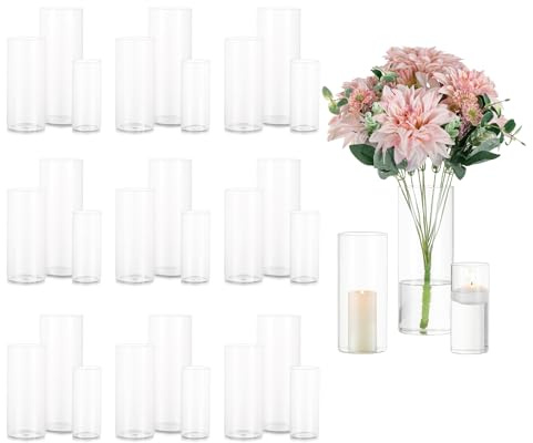 Glasseam Glasvase Zylinder Kerzengläser für Tischdeko, 30er Klar Vase Set | Groß Glaszylinder Windlicht, Blumenvase Modern, Tulpenvase, Tischvase, Hochzeit, Party, Wohnzimmer, 15x6.5/20x8.5/25x9.5cm