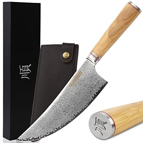 YOUSUNLONG Cuchillo carnicero 205mm -Cuchillo carnicero japonés acero damasco - Mango madera olivo italiano con funda cuero - Cuchillo cocina - Loncheado carne, ternera, BBQ