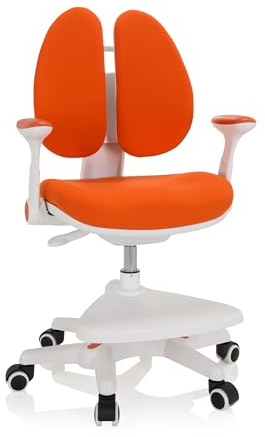 hjh OFFICE 736419 Skrivbordsstol för barn KID WING Skrivbordsstol för barn i tyg med fotstöd, fällbara armstöd, orange/vit