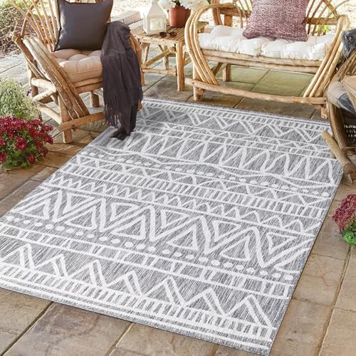 payé Outdoor Teppich Wetterfest - 200x290cm - Grau Weiß - Ethno Look - Teppiche für Terrasse Balkon Garten Indoor