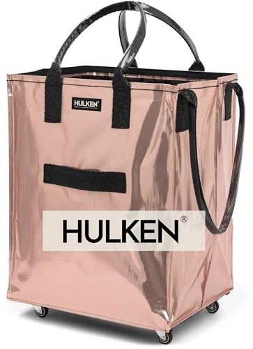 HULKEN – Medium roséguld shoppingvagn på hjul, vikbar och återanvändbar – rullande shoppingväska med hjul – bärkasse med hjul – 29,9 kg gräns, blixtlåsstängning, vattentålig och okrossbara handtag