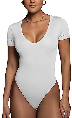 Rongseng Body Mujer de Manga Corta Cuello v Sexy Leotardos Bodysuit Top Elástica Una Pieza Jumpsuit Básico Color Sólido Verano Camiseta Shirts