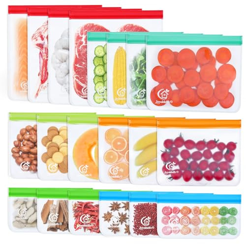 Joyoldelf Sacchetti Freezer Riutilizzabili - 20 Pezzi Sacchetti Alimenti in Peva con Chiusura, Buste Trasparenti Sacchetti Congelatore In Silicone Senza BPA per Panini Pranzo Verdure Latte Snack Carne