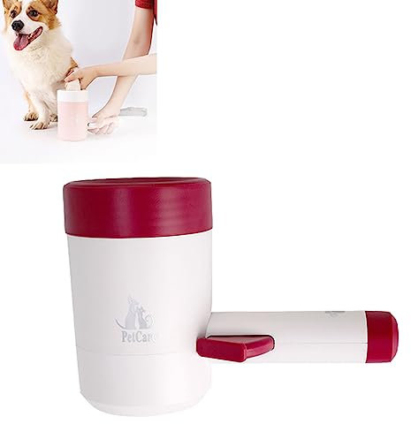 EBbels Hunde Pfotenreiniger, 360°-Drehung Tragbarer Automatischer Hundepfotenwascher, Weiche Silikon-Hundefußwascher-Massage Mit Druck Auf Den Griff (Rot)