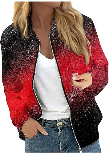 Übergangsjacke Damen Mantel Damen Lang Damen Anzug Elegant 2 Teilig Frauen Herbst Stehkragen Bunt Drucken Zip Up Langarm Kurze Pilotenjacke Mit Tasche Leichte Reißverschluss Bomber Jacke (Rot, S)
