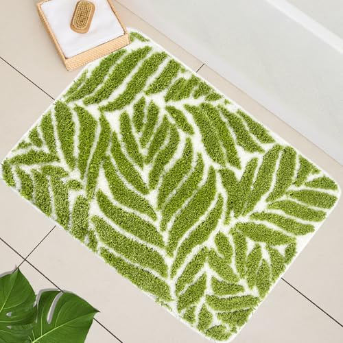 homantic Badezimmerteppich Grasgrün mit Blattmotiv 45 x 65 cm | Rutschfest und wasserabsorbierend, dekorative Badematte für Waschbecken und Badezimmer