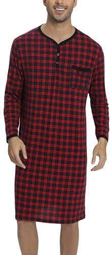 Rutiga pyjamasöverdelar för män, mjuka nattkläder, andningsbara nattlinne, knälängd, nattskjortor, långärmad, lösa nattkläder, vardagskläder, Jul röd blå rutig (94 % polyester, 6 % spandex) -typ1, L