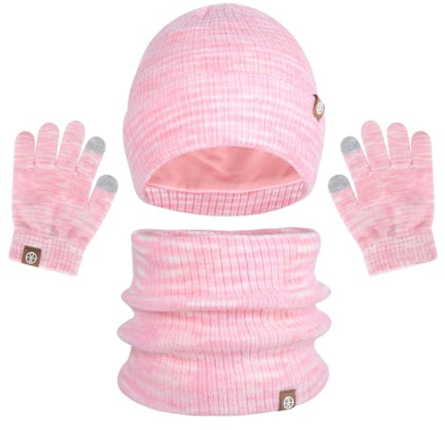 Fadcaer 3 Pieces Kids Hat Scarf Gloves Set Thermal Knitted Hat Scarf and Gloves Set Kids with Double Layer Fleece Lining Two Fingers Touch Screen Gloves Set for Children Outdoor Boy Girl (Pink)