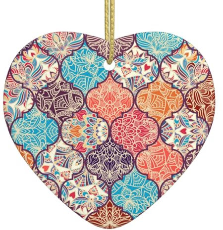 Vintage Boho marokkanische bunte florale Weihnachtsschmuck personalisierte Herz Porzellan Ornament Keramik Dekorationen Weihnachtsbaum hängende Ornamente Xmas Navidad Geschenke für Heimdekoration