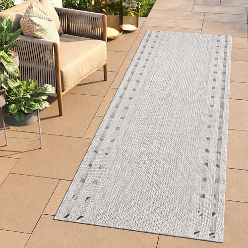 TAPISO Melissa Teppich Läufer Flur Outdoor Indoor Grau Schwarz Modern Design Wetterfest UV-beständig Wohnzimmer Balkon Terrasse ÖKO-TEX 80 x 200 cm