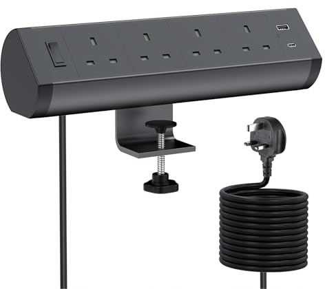 Desk Power Socket, Haylink 4 Way Clamp Extension Lead with USB C | 4 UK sockets, 20W USB-C PD and 15W USB-A, plus a master switch and 3 m cable for convenient no-drill desk power.