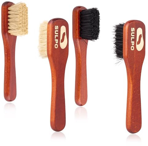 SULPO Cremebürste Tiegelbürste Schuhbürste - Weiche Bürste - Lederbürste Schmutzbürste für Leder Schuhe - 4 Stuck Set - 2 Schwarz und 2 Natur - Schuhpflege