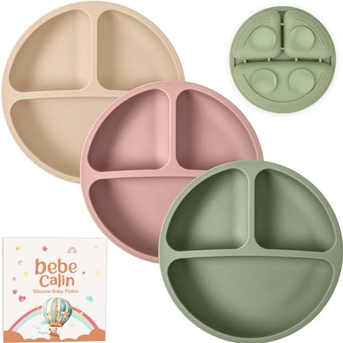 BebeCalin Baby teller mit Saugnapf, Silikon-Saugnapfteller für Kleinkinder, Kinder, Selbstfütterung, Entwöhnungsplatten für Hochstuhl-Tablett, unzerbrechlich (Hautfarben, Rosa, Grün)