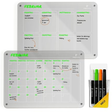 PREVIS 2 x akryl veckoplanerare månadsplanerare avtorkningsbar för kylskåp A3 (40 x 30) med 4 brädmarkörer – 2 x akryl magnetiska transparenta kalendars för kylskåp – familjeplanerare kan torkas av