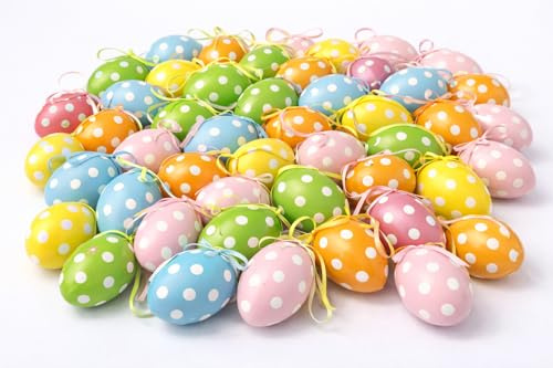 KAMACA 32 Bunte Ostereier aus Kunststoff mit Bändchen zum Aufhängen Hängedeko für Osterstrauß Kunststoffeier Osterdeko Deko zu Ostern Osterzeit (32 Stück mit Punkten 6cm)