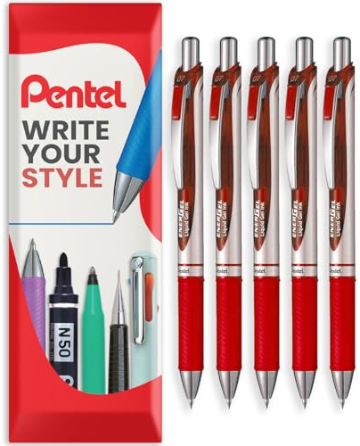 Pentel EnerGel XM BL77 – Packung mit 5 einschiebbaren flüssigen Gelschreibern – 0,7 mm – 54 % recycelt – in Geschenkverpackung (rot)