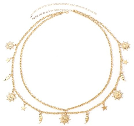 Onperpoe Gold Chain Belt for Women Girls Double Layer Waist Chain Gold Stylish Retro Sun Moon Star Adjustable Metal Belt Skinny Waistband Chain Body Link Decorated for Dresses, Skirts, Jeans,