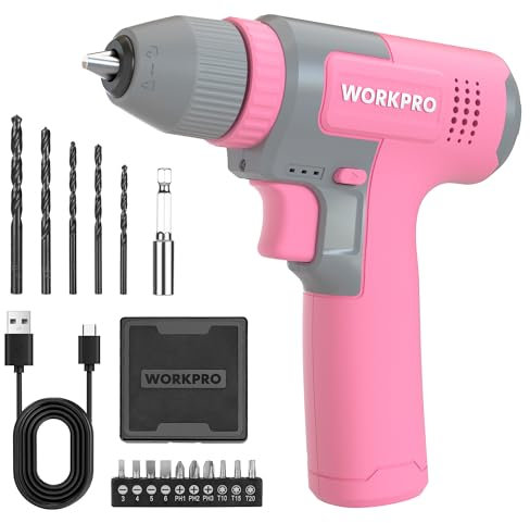 WORKPRO 8V Cordless Drill Driver, 3/8 Keyless Chuck, 12N.m Max Torque, 2Ah Rechargeable Battery, 16pc Accessories, Pink