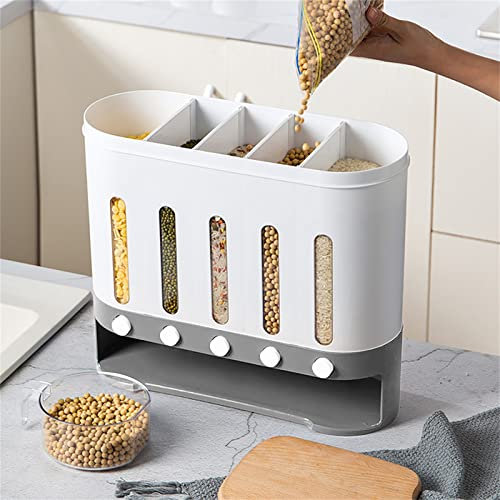 MINRS Dispensador de cereales 5 en 1, Envases para Alimentos, 40 x 15 x 34 cm, Montaje en Pared, Dispensador de Cereales, Almacenamiento para Arroz Negro, Arroz Amarillo, Judías Rojas y Otros Granos