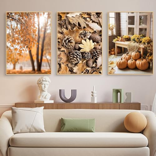 Uixxducc 3er Herbst Poster Set, Tannenzapfen Kürbis Blätter Bilder Set. Aesthetic Herbst Wandbilder Wohnzimmer Herbst Deko Wanddeko für Wohnzimmer Schlafzimmer,ohne Rahmen (30x40cm)