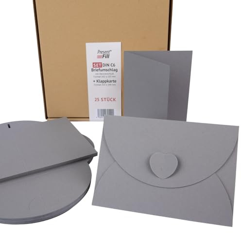 PresentFill® - blanko Falt-Karten inkl. Briefumschläge mit Herz Verschluß - 25er Set - Schiefer Grau - Klappkarten zum selbst gestalten, beschriften oder bedrucken - DIN A6 / C6