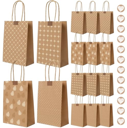 Romon Avec anse, Pochette Cadeau de 12 pièces avec 12 Autocollants pour Sac Cadeau Noel, Sachet Papier Kraft, sacs à sandwich, Sac Cadeau Anniversaire, Sacs Cadeaux de mariage, etc.