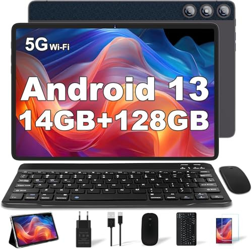 DMOAO Tablette 10 Pouces avec 14 Go RAM +128 Go ROM, 2 en 1 Tablette Android 13, Octa-Core 1 to Extensible, WiFi 5G, Camera 8MP+5MP, 8000 mAh, Tablette avec Clavier, BT5.0/GPS/OTG, Gris