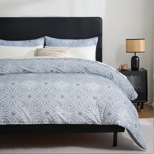 Zusbest Duvet Cover King Flannel-Like for Extra Soft 100% Cotton Reversible Grey Navy Blue Modern Bedding, Patterned Bed Cover Luxury Classic Printed Zipper Comforter Cover Set 3 Pieces- No Filling