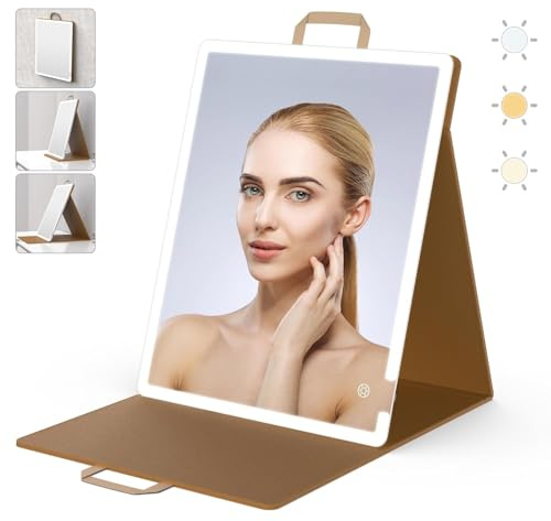 WEILY Espejo Maquillaje con Luz, Espejo Pared con 3 Luces de Color, Espejo Mesa 2000 mAh USB Recargable, Espejo de Cuero PU para Tocador (41 x 51 cm)