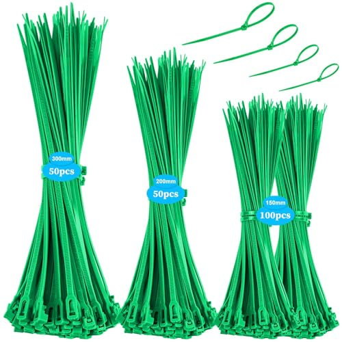 NISENTIA Kabelbinder Grün Set | 200 Stück Kabelbinder Wiederverwendbare Cable Ties 150/200/300 mm | Kabelbinder UV-beständig Zip Ties Sortiment für Haushalt, Bau, Garten