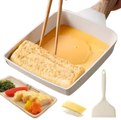WANDGU Tamagoyaki Sartén de inducción: Sartén omletten japonesa rectangular con mango de madera aislado, antiadherente Tamagoyaki, sartén para huevos revueltos, antiadherente para asados, desayunos