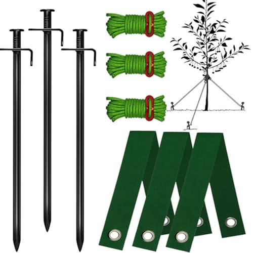 JIAMIAN 9PCS Kit De Sangle d'Arbre, Kit De Tige d'Arbre, Kit De Tronc Métallique, Ancre De Support d'Arbre, 3 Mâts De 30cm, Kit De Fixation Pour La Fixation Des Plantes Coupe Vent