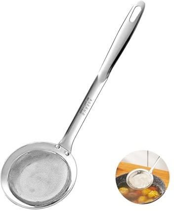 Cucchiaio per schiumarola, colino a rete fine con manico lungo, mestolo filtro in schiuma per brodo, per frutti di mare, carne e verdure (10,9 cm)