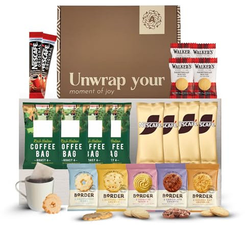 Coffee Gift Set - This Coffee Hamper Includes 24x Items, featuring Coffeebags, Latte & Cappuccino Sachets, Border Biscuits & Walkers Shortbread. Food hamper gift set for men and women