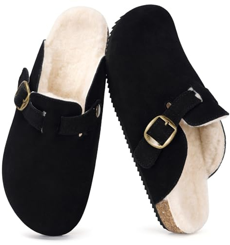 Dokela Suede Clogs Mens Womens Winter Leather Mules Cork Footed Slip On Warm Lined Cozy House Slippers Shoes Arch Support Size Black UK6.5=41