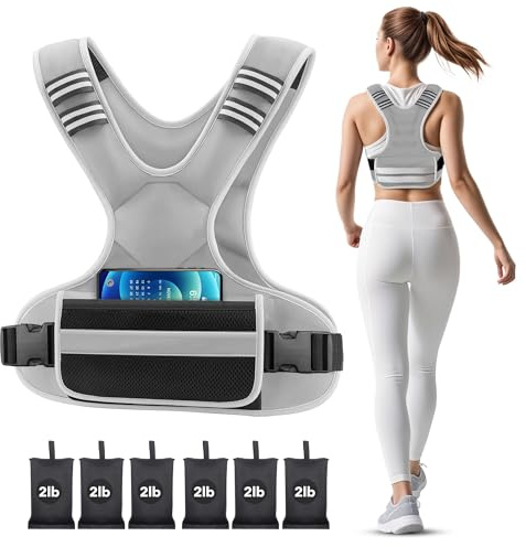 Adjustable Weighted Vest Woman 4-10lb/12-18lb/20-32lb Weighted Vest Men with 6 Ironsand Weights, Shoulder Pads and Large Pocket for Walking Running Crossfit Strength Training, 20-32lb, grey