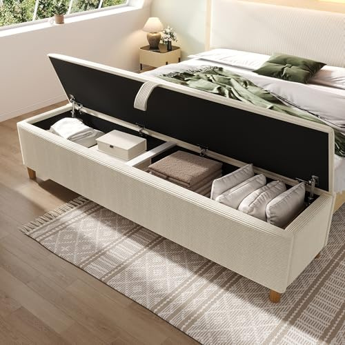 RIAZOS Polsterbank mit Hydraulischem Stauraum, 175 x 38 x 46 cm Aufbewahrungsbox, Bettbank Sitzbank für Flur, Wohnzimmer, Schlafzimmer, Cordstoff, Beige