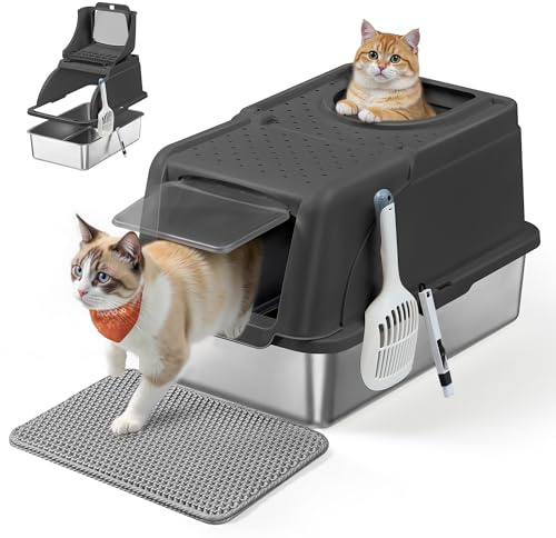 Feandrea kattsandlåda i rostfritt stål, XL, kattsandlåda med lock, med skopa, borste och 2 ingångar, för katter upp till 15 kg, bläcksvart PPT005BH01