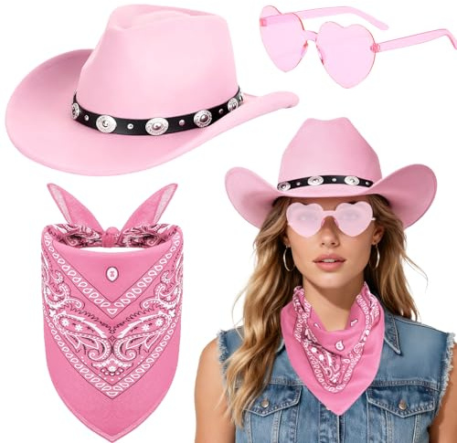Saier tbo 3 Stück Cowboyhut Accessories Set, Western Cowboy Outfits Zubehör Kit mit Braun Cowboyhut Herzförmiger Sonnenbrille Paisley Bandanas für Damen Herren Halloween Maskeraden Partys