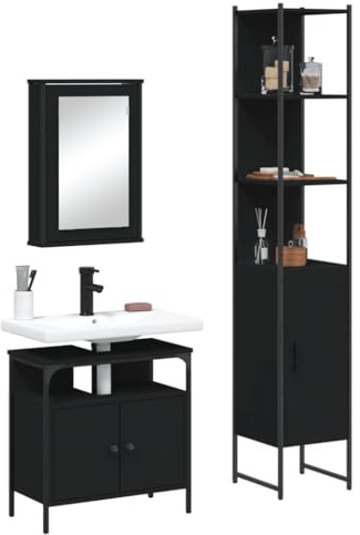 Bucmath 3-TLG. Badmöbel-Set Schwarz, Holzwerkstoff, 42x12x60cm Spiegelschrank, Waschbeckenunterschrank, Badezimmerschrank, Moderne Badmöbel-Sets für Stauraum