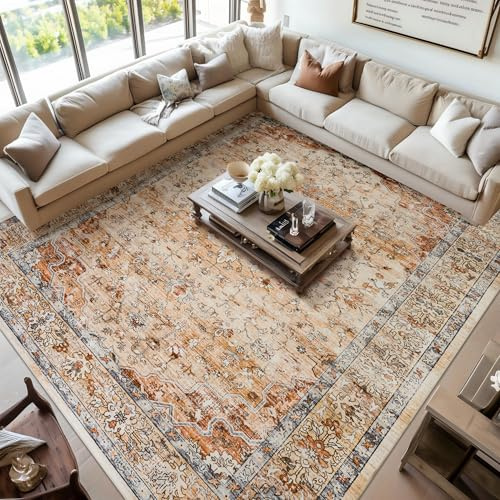 Topfinel Vintage Teppich 240 x 340cm Boho Kurzflor Teppich Waschbar rutschfest Weicher Wohnzimmer Teppiche für Schlafzimmer Esszimmer Büro Orange Extra Groß Carpet Orientalischer