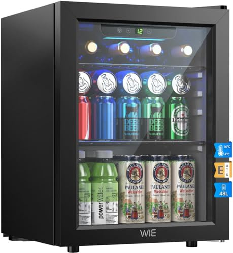 WIE 48L Drinks Fridge with Glass Door, Beer Fridge for 68 Cans or 12 Wine Bottles, Mini Fridge 4-16°C Touch Control, Quiet Beverage Refrigerators with LED Light, Reversible Door for Home, Bar, Office