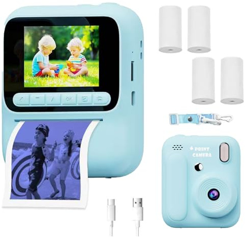 Fotocamera istantanea per bambini, mini schermo HD da 2,4 pollici, fotocamera digitale selfie 1080P con 4 rotoli di carta fotografica e cordino