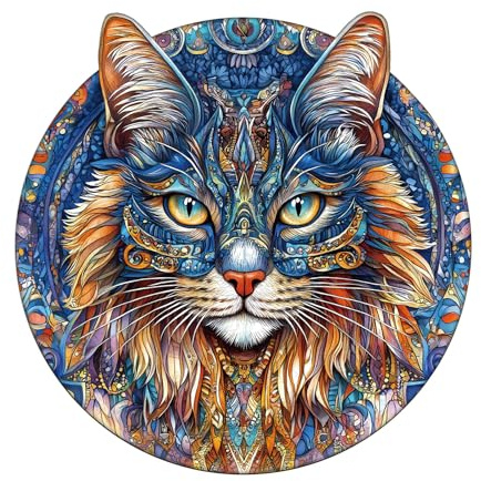 Jigfoxy Wooden Puzzles for Adults, Mandala Maine Coon Cat Wooden Jigsaw | 255pcs Unique Animal Shape Wood Puzzles, Birthday Gifts for Family Friend with wooden box(13.4*13.4in)