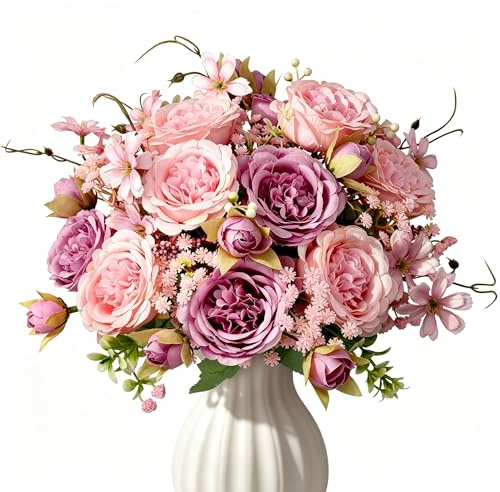 ROLLWAY Blumenstrauß Künstlich, 13 Stück Kunstblumen Seidenblumen wie echt | Pfingstrosen Rose mit Schleierkraut, Künstliche Blumen Rosa und Lila kunstblumenstrauß für Hochzeit Wohnzimmer & Tischdeko