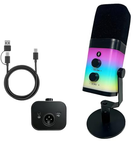 Tsophreniq Microfono dinamico professionale USB XLR a doppia interfaccia con illuminazione a colori per streaming di gioco e microfono a condensatore desktop