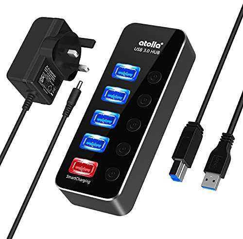 Atolla Powered USB Hub - 4-Port USB 3.0 Data Hub + 1 Smart Charging Port, Aluminum Splitter With 5V/3A Power Adapter, Individual On/Off Switches, 39-inch Detachable Extension Cord